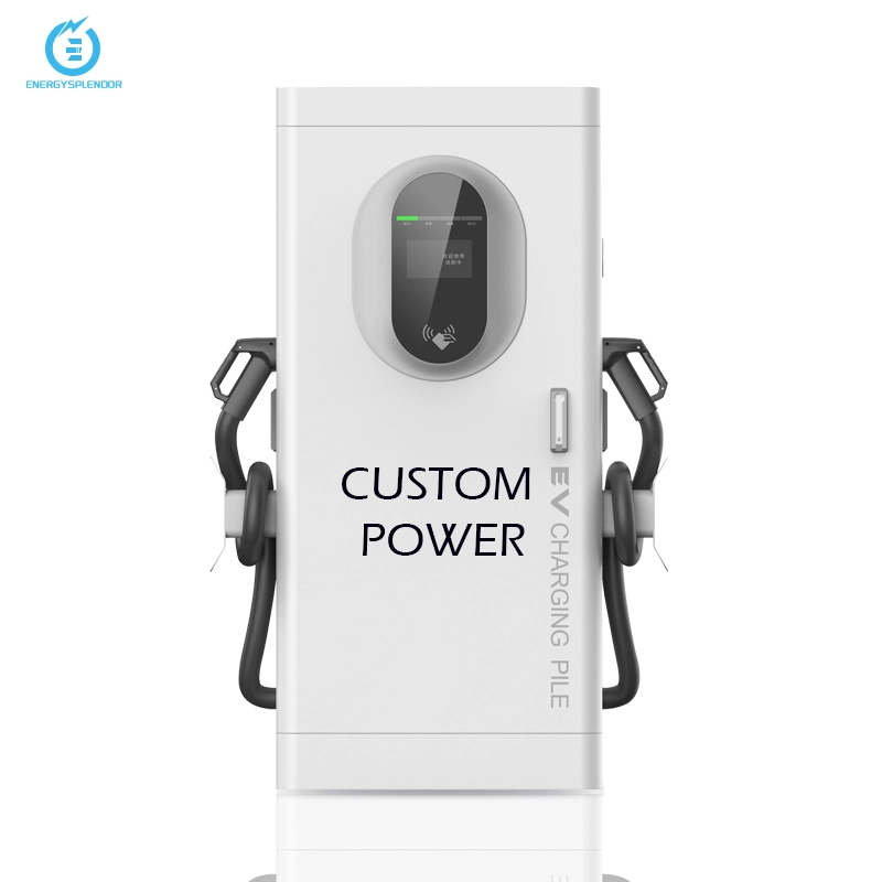 Front view of a modern dual-gun EV charging station labeled “CUSTOM POWER”, designed for efficient electric vehicle charging.