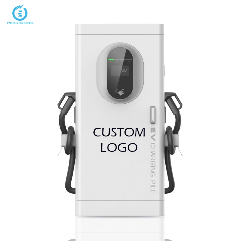 custom logo electric vehicle charging station,White shell and dual guns plug,7- inch highlight color touch screen dc ev charger