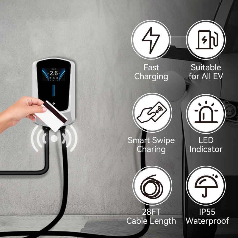 Smart AC EV charger features including fast charging, RFID card activation, waterproof IP55, and LED indicator