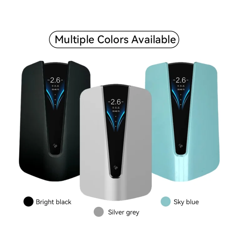 EV charger available in bright black, silver grey, and sky blue color options