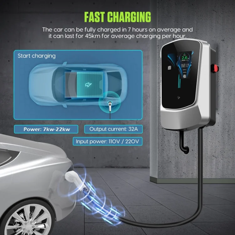 An AC electric vehicle charger with a 7kW power output, designed for home use, featuring a compact and modern design.