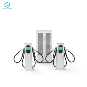 Dual EV charging stations connected to power cabinet, offering simultaneous charging for two electric vehicles