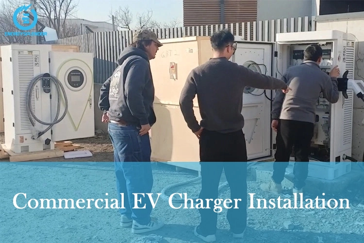 Technicians installing commercial EV charging stations outdoors