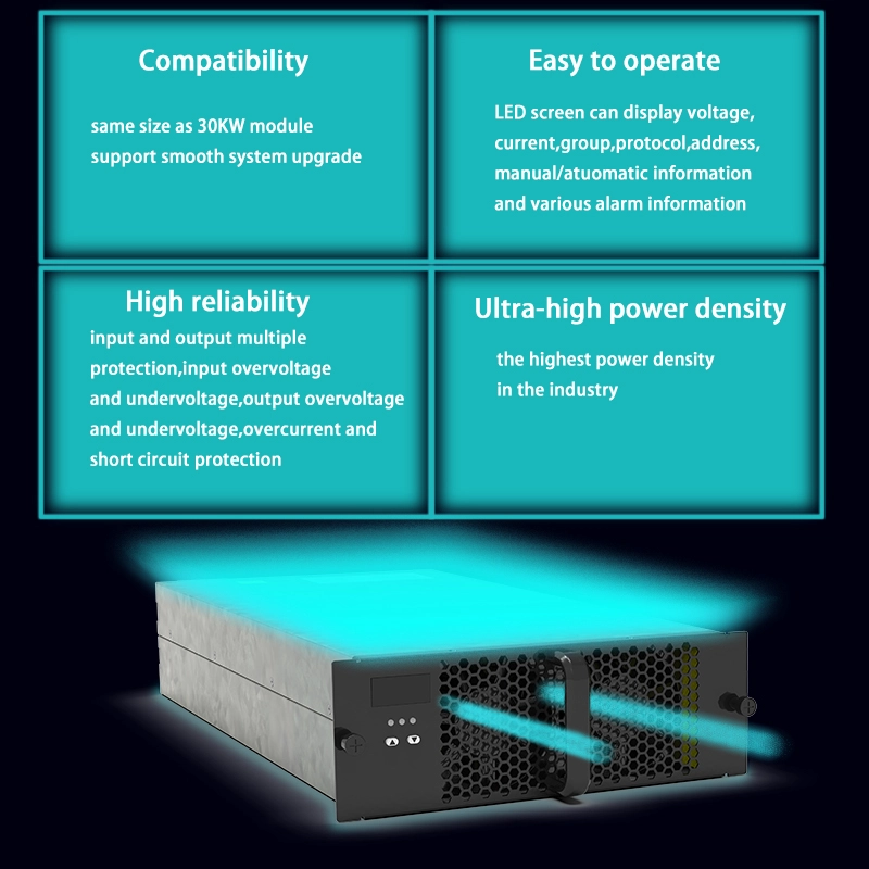 Modular DC EV charger with high power density, LED monitoring, and multi-protection system.