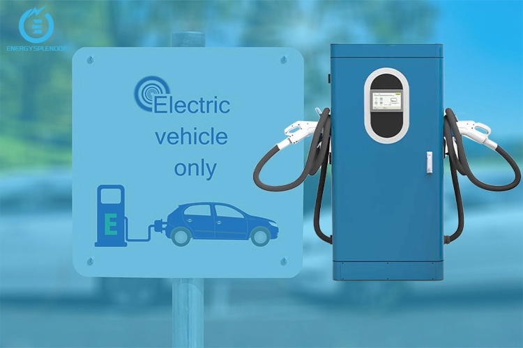 Level 3 fast electric vehicle charger next to sign indicating EV-only parking zone.