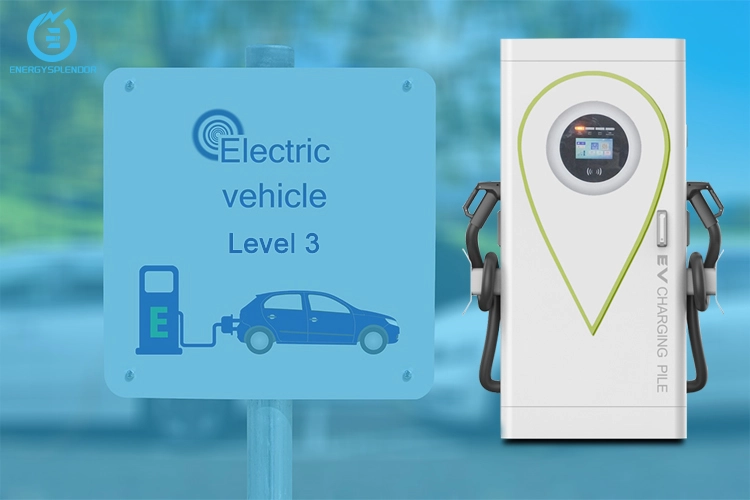 A Level 3 Electric Vehicle (EV) charging station with a charging pile next to a sign that indicates the location for EV charging.