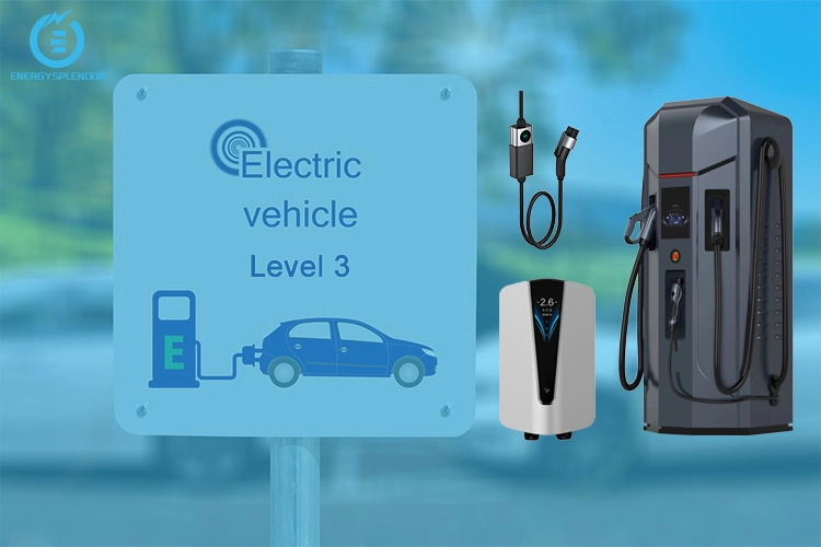 Level 3 Electric Vehicle (EV) charging station sign with two EV chargers and charging cables displayed, showcasing fast charging options for electric vehicles.
