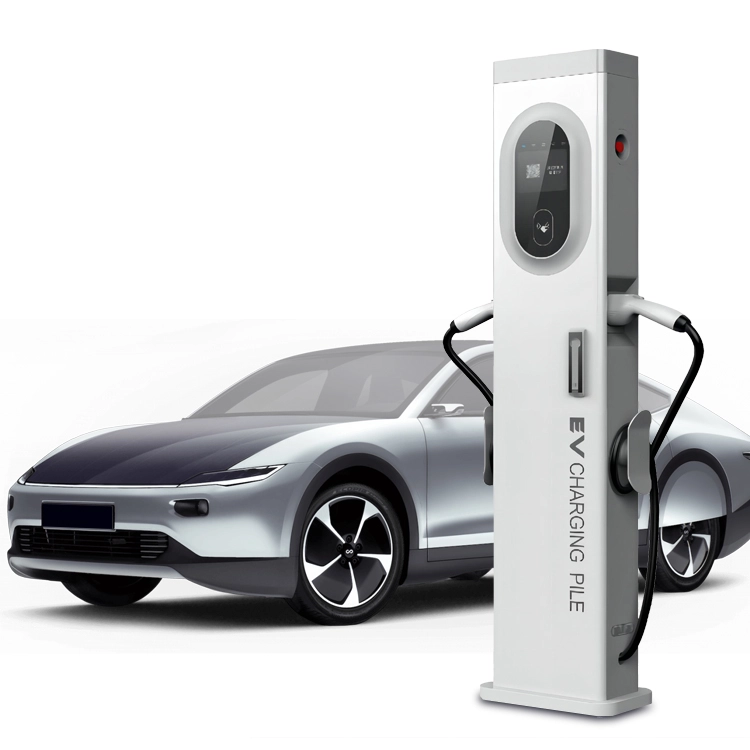 AC EV charging pile installed next to a silver electric car, ready for charging.